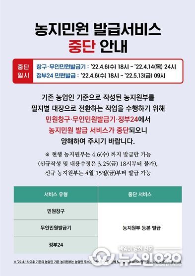 농지민원 발급중단 안내