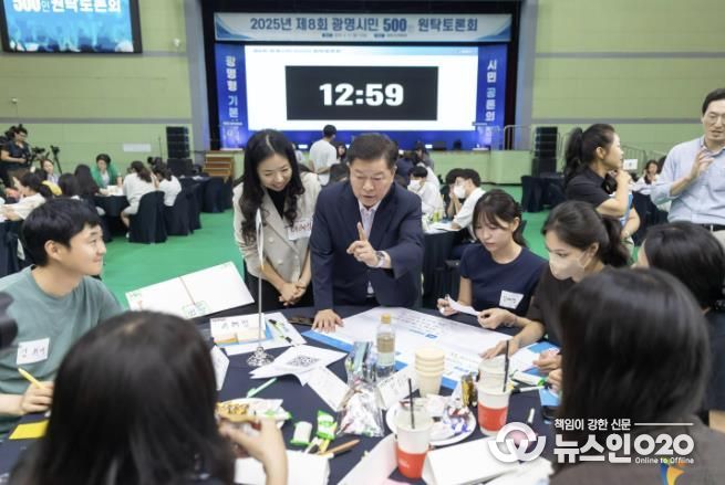 박승원 광명시장이 지난 9월 광명시민체육관에서 열린 '제8회 광명시민 500인 원탁토론회'에서 시민들과 함께 정책을 논의하고 있다.