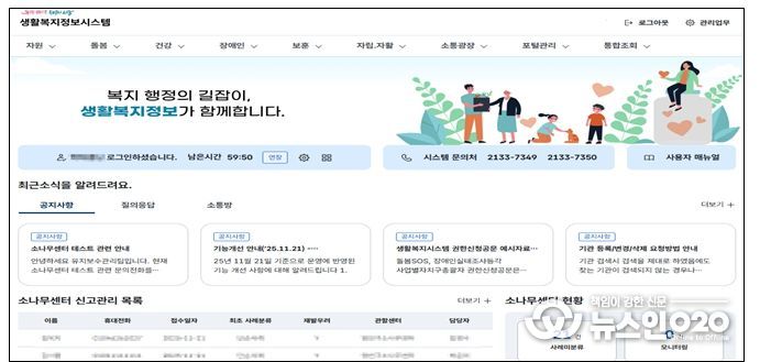 생활복지정보시스템내 메인화면