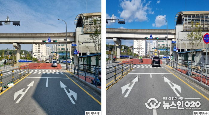 횡단보도와 차량정지선 이격거리를 5m로 확대한 처인구 역북동 491번지의 모습. 사진은 이격거리 확대 전(좌)과 확대 후(우)의 모습.