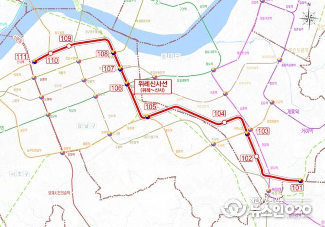 위례신사선 도시철도 노선도(정거장 위치 등은 개략적인 것이며 향후 사업계획 수립, 공사 단계 등에서 조정될 수 있음)
