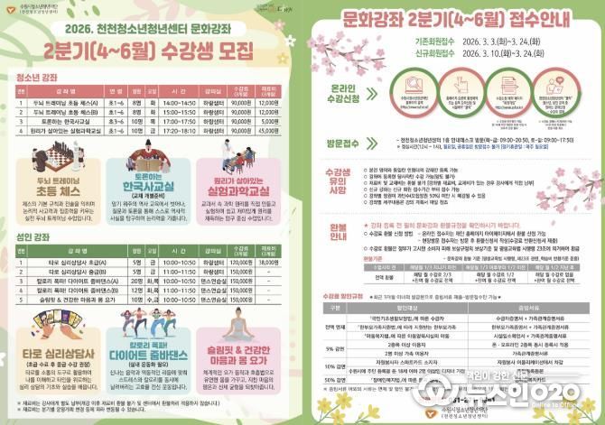 수원시청소년청년재단 천천청소년청년센터, 2분기 문화강좌 신규 수강생 모집